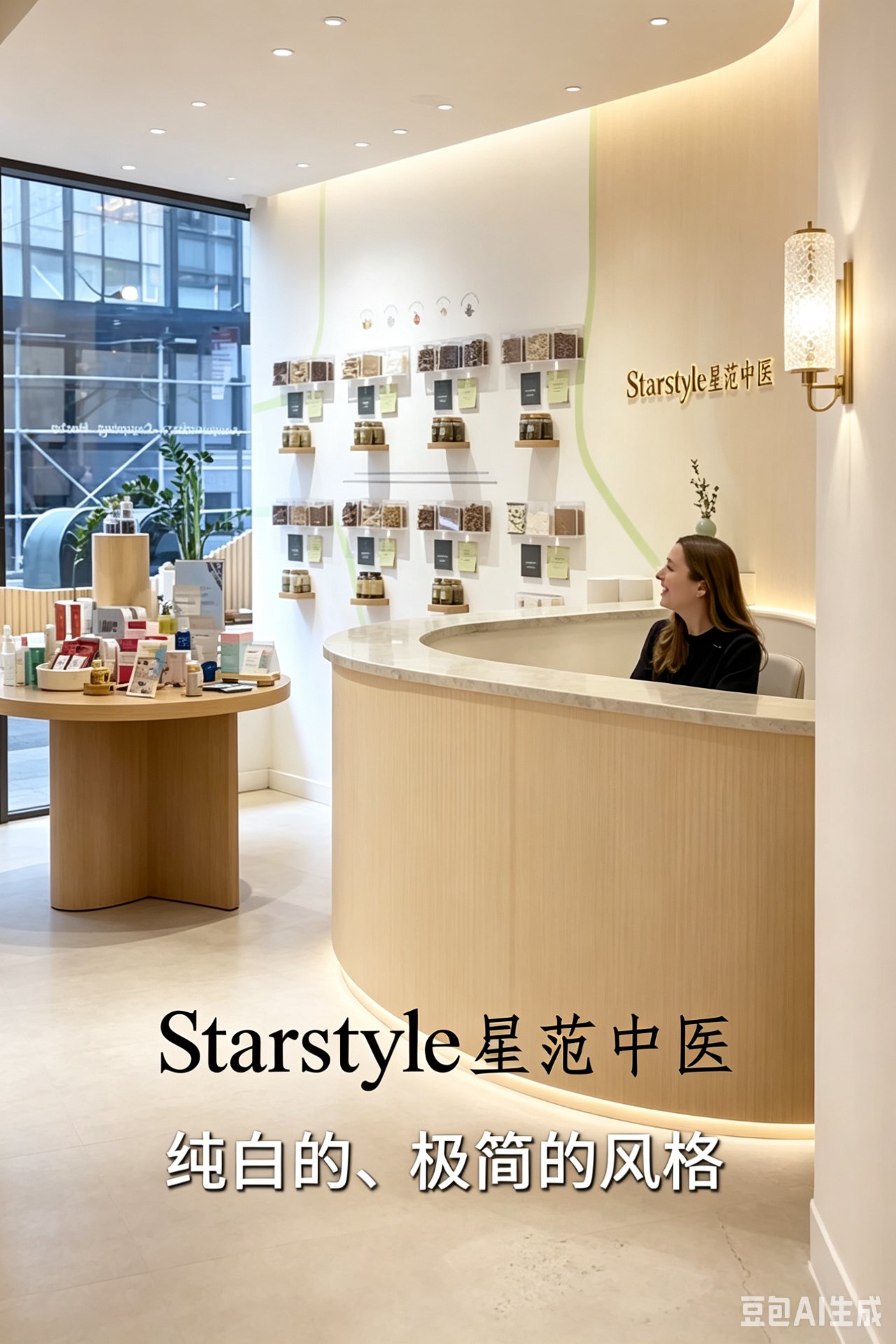 Starstyle 星范中医门店前台 — 纯白极简风格，中药草本展示墙